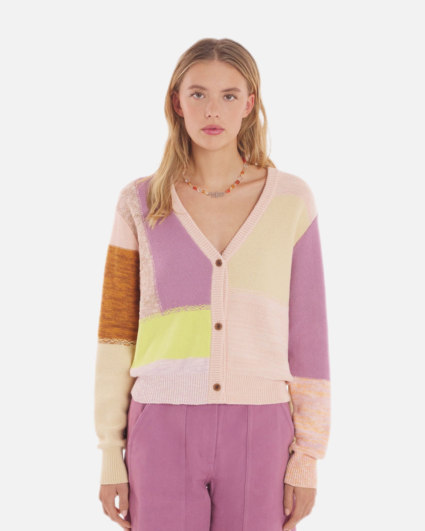 PATCHWORK CROPPED CARDIGAN (CHALK YELLOW/LILAC DESIGN)