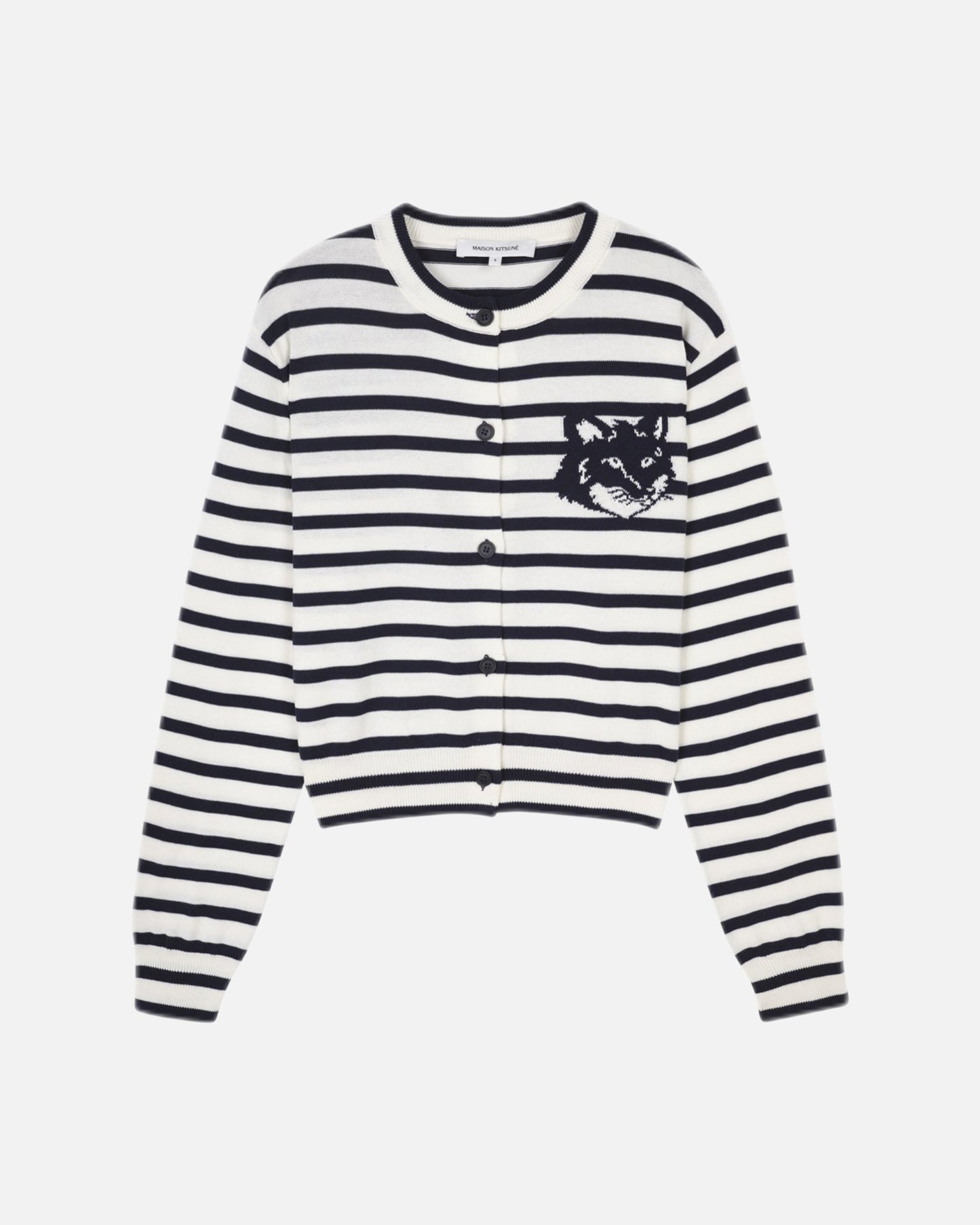 FOX HEAD INTARSIA CROPPED STRIPED CARDIGAN (DEEP NAVY/OFF-WHITE STRIPES)