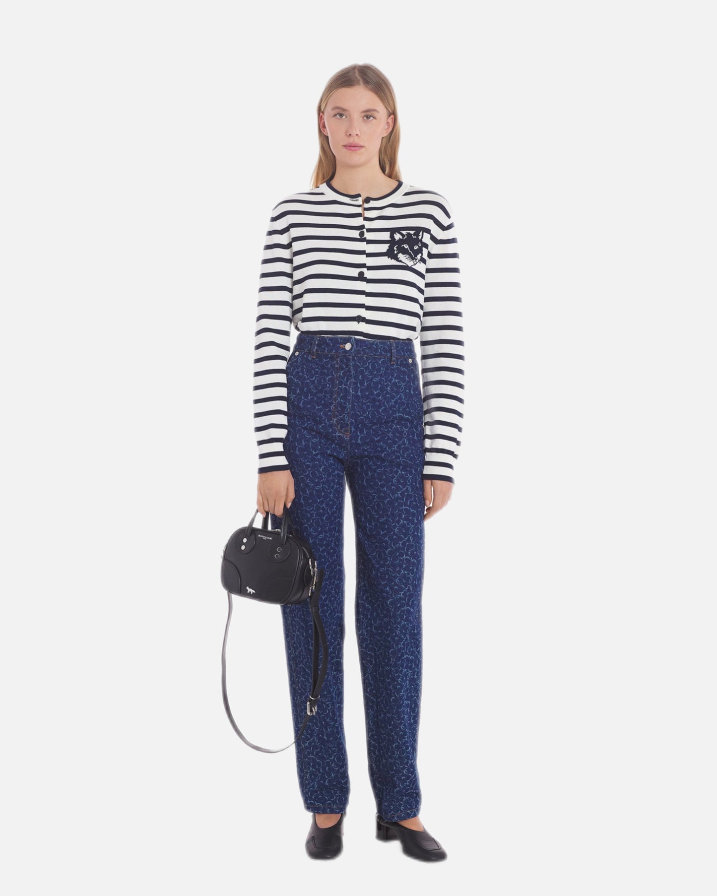 FOX HEAD INTARSIA CROPPED STRIPED CARDIGAN (DEEP NAVY/OFF-WHITE STRIPES)