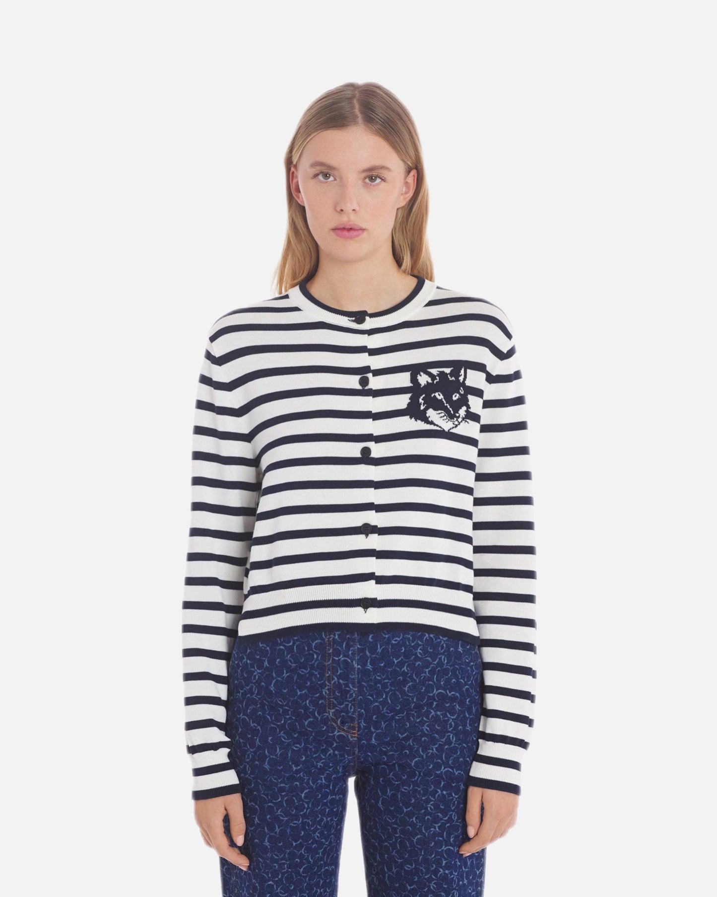 FOX HEAD INTARSIA CROPPED STRIPED CARDIGAN (DEEP NAVY/OFF-WHITE STRIPES)