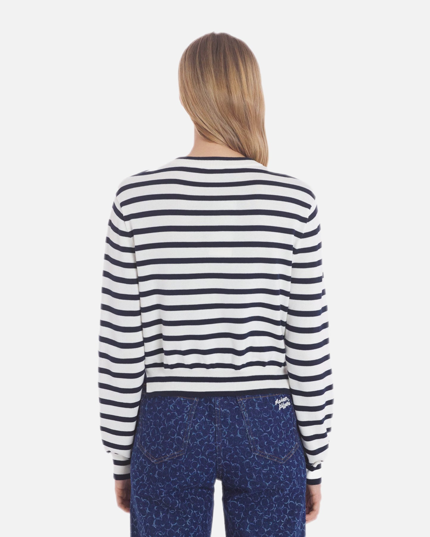 FOX HEAD INTARSIA CROPPED STRIPED CARDIGAN (DEEP NAVY/OFF-WHITE STRIPES)