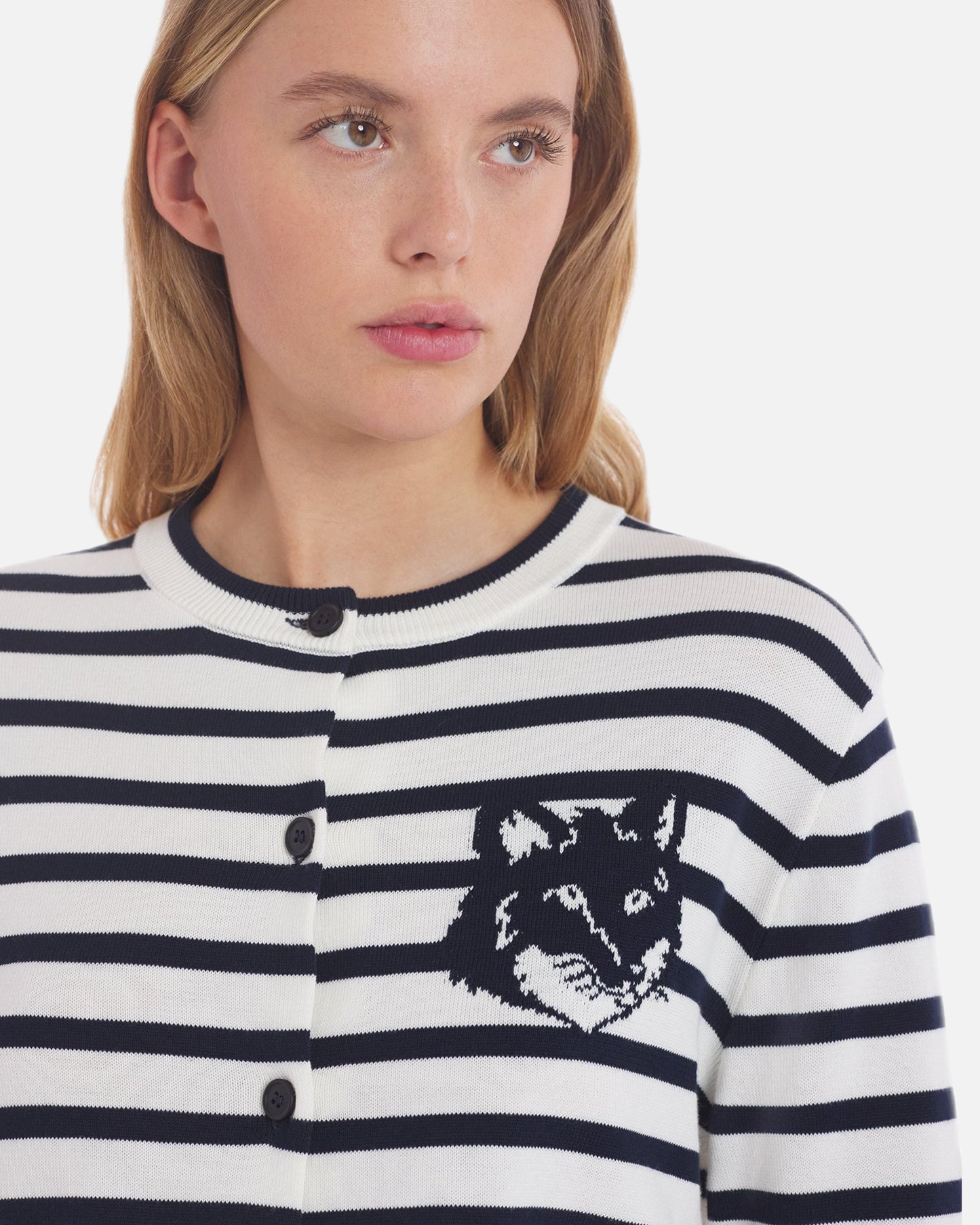 FOX HEAD INTARSIA CROPPED STRIPED CARDIGAN (DEEP NAVY/OFF-WHITE STRIPES)